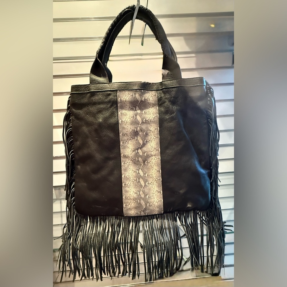 Aqua Madonna Designer Direct Black Genuine Leather Fringe Tote NWOT